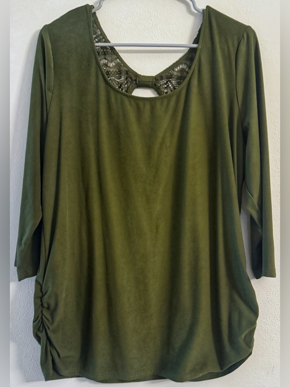 Olive Green Lace Back Blouse XL 3/4 Sleeve Ruched Casual Boho Top - Picture 2 of 5